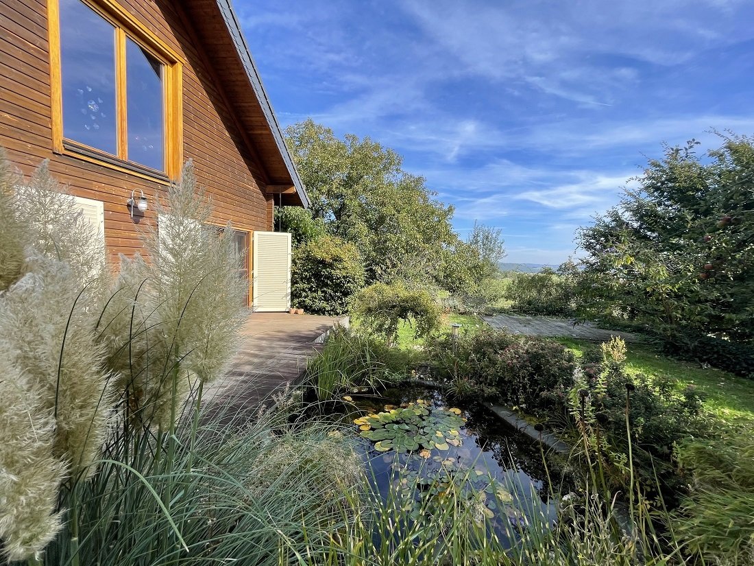 zwei Terrassen hinter dem Haus mit Teich 